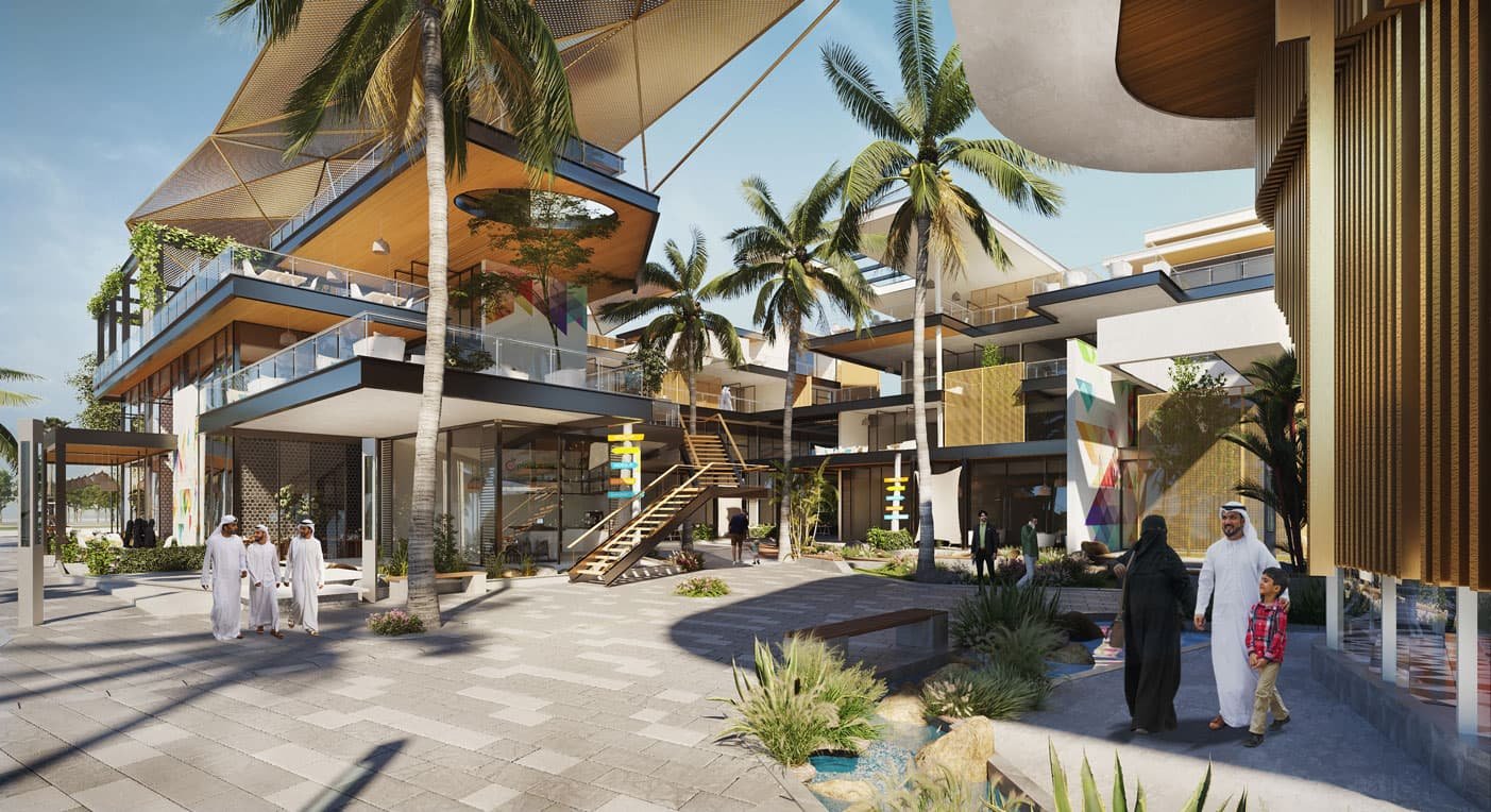Outdoor commercial center in Al Khobar featuring modern architecture, palm trees, open seating areas, and landscaped walkways, attracting families and visitors