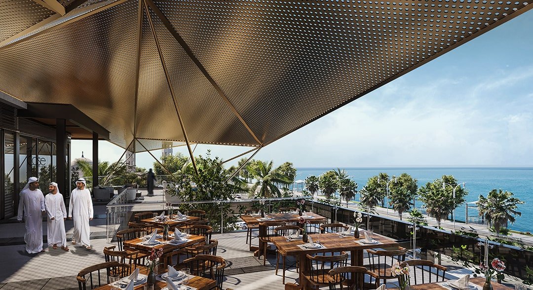 Ocean-view dining terrace with elegant decor at S-Squares AlRakah