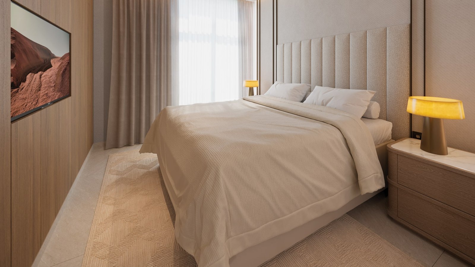 Elegant bedroom with a neutral color palette, soft lighting, and textured wall paneling, offering a cozy and restful retreat.