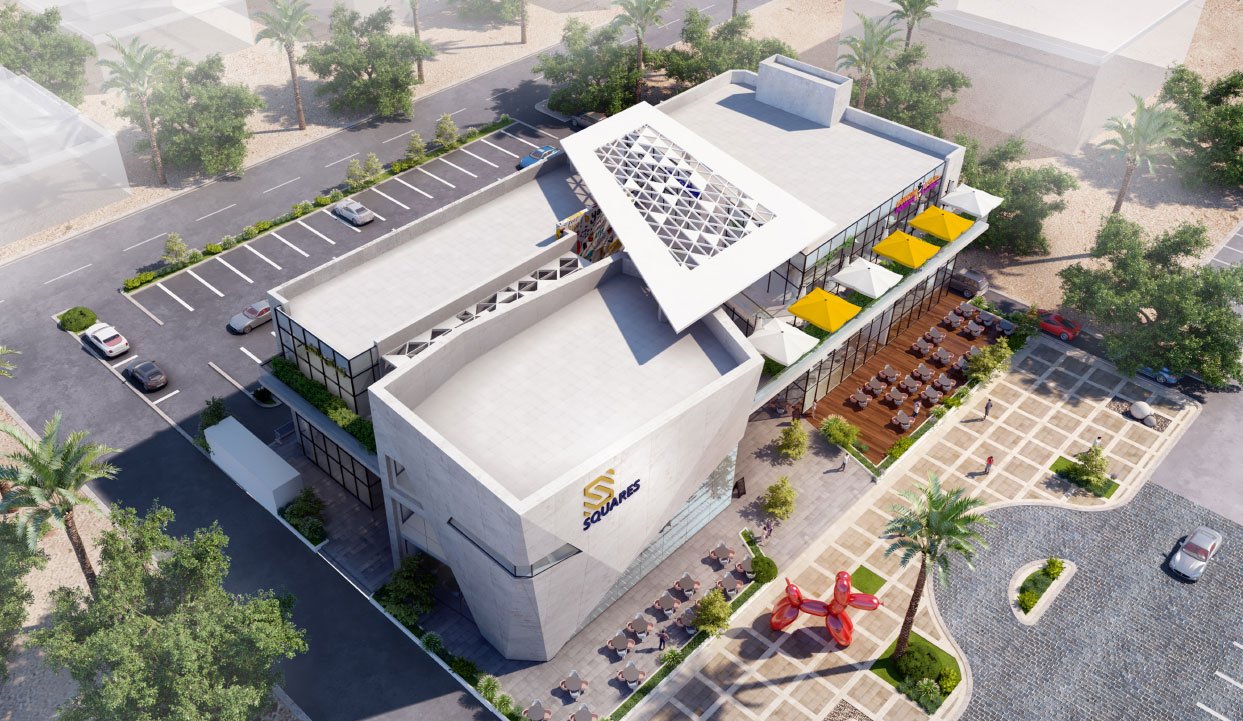 Aerial view of S-Squares Uhud showcasing spacious layout and outdoor seating areas.